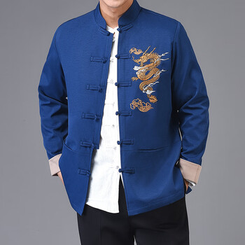 蒙利梵 中国龙刺绣唐装夹克男春秋中国风上衣外套男中青年汉服 蓝色 m