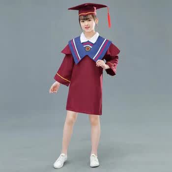 儿童学士服小学生演出服博士帽幼儿毕业礼服摄影服装 尊享版红色蓝领