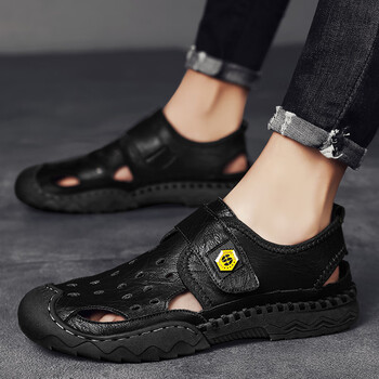 包头凉鞋男外穿防滑真皮休闲镂空皮鞋男夏季新款透气洞洞鞋男6603黑色