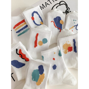 鑫星雅涂鸦袜子白色运动长袜女秋冬季潮流棉韩国日系涂鸦扎染冬天中筒