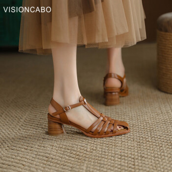 VISIONCABO威森卡伯 复古编织包头凉鞋粗跟凉鞋女罗马鞋 棕色 34