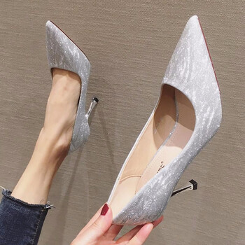 德子彬夏季高跟鞋女法式少女2简约亮丽7cm女细跟宴会鞋银色5cm39