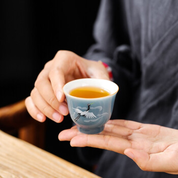 领艺茶杯陶瓷家用单个主人杯日式简约手绘功夫茶具品茗单杯垫杯托 仙鹤茶杯3个装