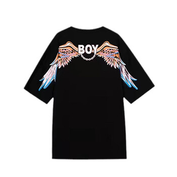 短袖t恤女潮牌彩标翅膀黑色白色中性男夏季上衣服 黑色(彩标翅膀短袖)