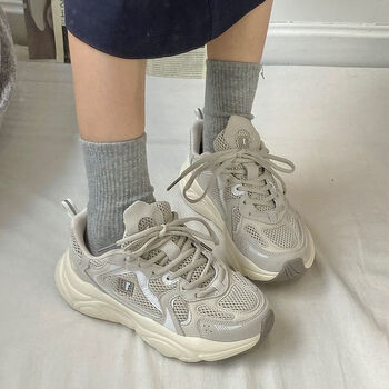 红蜻蜓网面老爹鞋女2023年春秋季新款休闲运动鞋百搭华夫阿甘鞋米色35