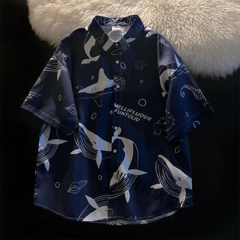 衬衫2022年春季鲸鱼印花  五分袖衬衫情侣男女嘻哈港风衬衣 蓝色 m