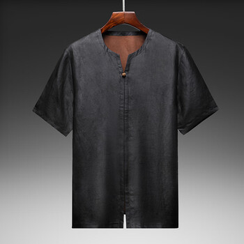 唐装男士真丝男装香云纱桑蚕丝短袖t恤v领套装宽松莨纱 黑色(上衣)