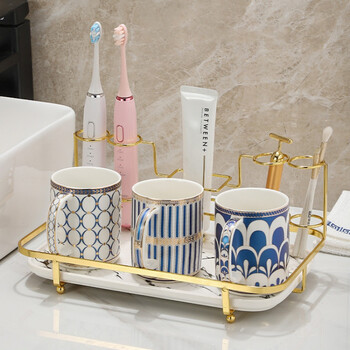 沃之沃 陶瓷卫浴洗漱口杯套装五件套轻奢家用浴室情侣刷牙对杯收纳盘