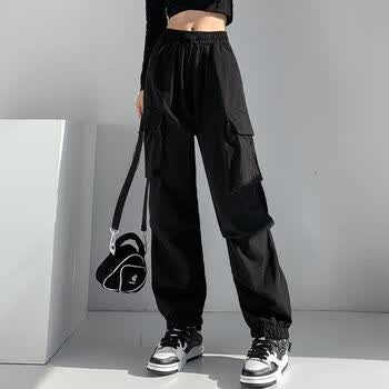 少女生工装裤子春秋初中生高中生春夏美式复古休闲工装裤女抽绳 黑色