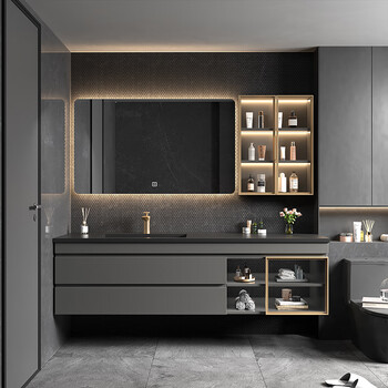 雅宇阁 轻奢岩板一体盆浴室柜组合现代简约智能洗漱台实木卫生间洗手