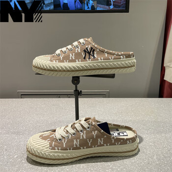 ny韩国代购mlb男女鞋满标印花休闲拖鞋饼干鞋半拖鞋复古潮流新款米色