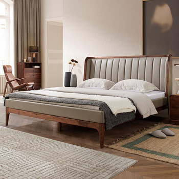 得樟全屋家具定制北美黑胡桃木实木床18m米现代简约意式北欧真皮双人