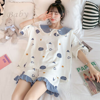 洋气睡衣女家居服套 双短 娃领 雾兰爱心>凉快衣服学生女人可外穿定制
