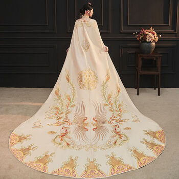 新娘出嫁夏季薄秀禾服中式婚纱礼服拖尾大披风新娘中式婚礼长拖尾披肩