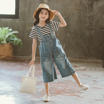 小学生背带裤女孩吊带裤夏季牛仔裤新款牛仔套装夏装时尚宽松中大两