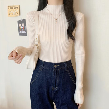 春秋季半高领打底衫修身长袖上衣洋气秋冬内搭女士中领毛衣针织衫米色