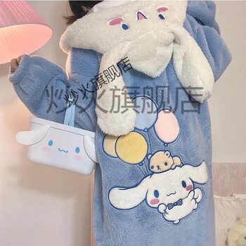 炒火睡衣女冬珊瑚绒睡袍女学生中长款秋冬季玉桂狗加厚软妹大耳狗睡衣