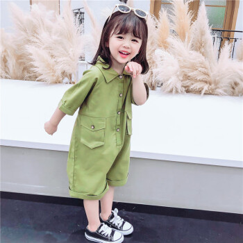川孩女童连体衣韩版儿童夏季时髦网红小童短袖潮衣服女宝宝夏装洋气 军绿色 90cm
