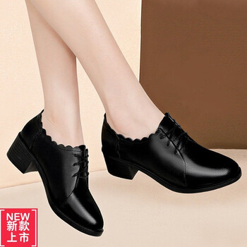 中年妇女半高跟皮鞋女式妈妈鞋女士真皮正装单鞋中跟软底女鞋 黑色 39