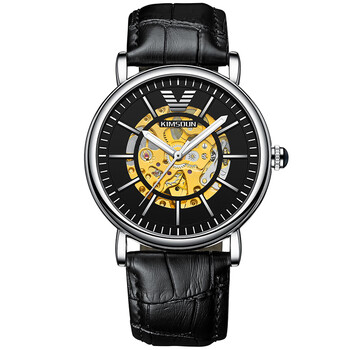 金诗顿(kimsdun)品牌男士全自动机械表镂空手表防水商务男表 银壳黑面