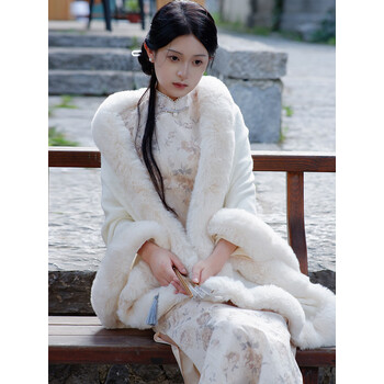 勤驰旗袍披肩毛绒民国风仿皮草白色毛毛绒斗篷披肩女装外套配旗袍2022