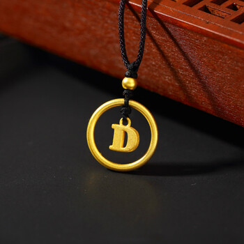 老凤凰 黄金字母吊坠 999足金转运珠光圈小素圈女款黑绳项链 黑绳项链