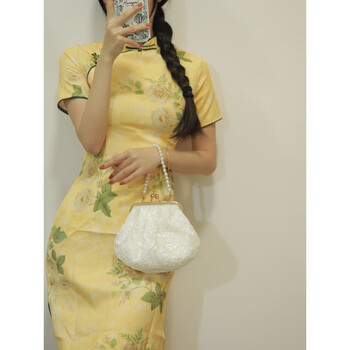 花小妖旗袍手拿包复古小众珍珠晚宴婚宴包百搭仙女手提包白色包30cm