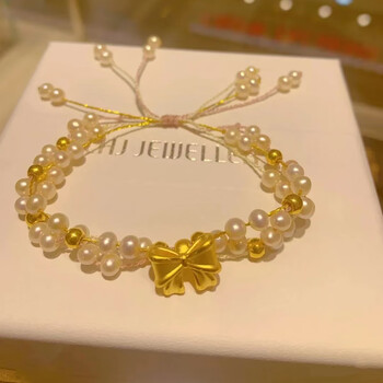 北欧匠999足金在逃公主蝴蝶结黄金手链女生红绳珍珠转运珠情人节送