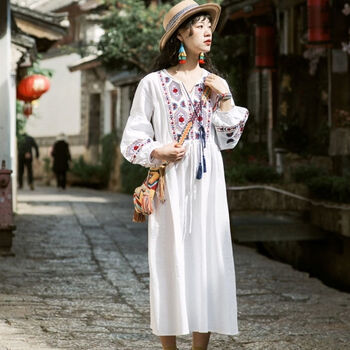 裙子连衣裙温柔风白月光春夏季西藏云南民族风长裙刺绣棉麻白裙 白色