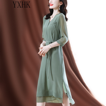 YXHK真丝连衣裙女夏2024夏季新款纯色高端时尚显瘦气质桑蚕丝裙子 绿色 XL