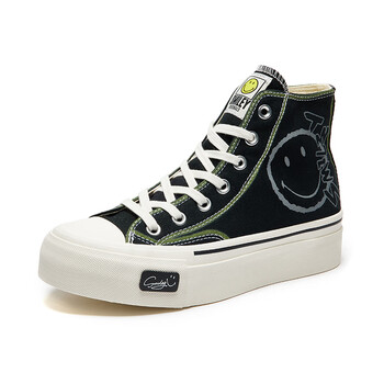 smiley笑脸高帮帆布鞋2022春季新品厚底增高板鞋休闲女鞋运动鞋潮黑色