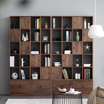 木匠翁 北欧现代简约黑胡桃木组合书架日式全实木家用轻奢型书柜定制
