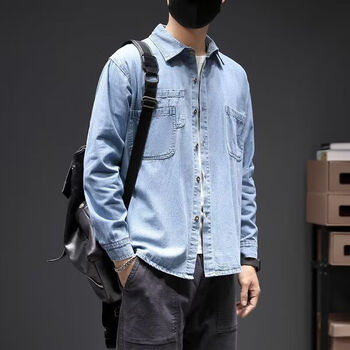 七匹狼同款春秋季港风新款长袖牛仔衬衫男宽松百搭潮流休闲衬衣男工装