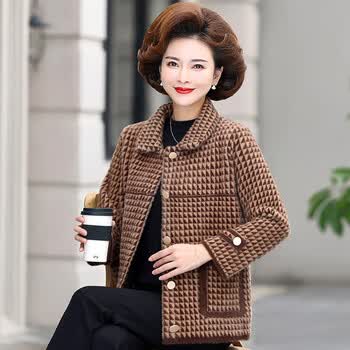 妈妈装女冬短款加厚外套洋气中年女保暖毛呢中老年洋气上衣秋 咖啡色