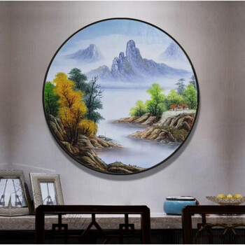 山水装饰画餐厅立式   玄关圆形风景油画纯手绘装饰画山水画客厅餐厅