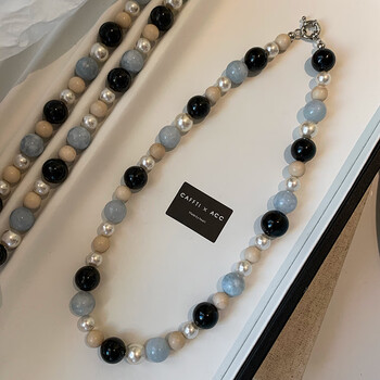天r石海蓝宝施家珍珠串珠天河石项链配饰女春夏轻奢小众锁骨颈链 海蓝