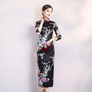 黑色孔雀长旗袍 七分 m 收藏店铺优先发货