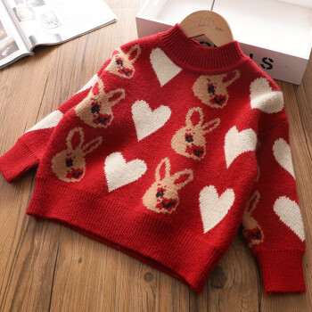 维泊茵新年圣诞款女童加厚兔子爱心毛衣宝宝保暖圆领针织衫儿童冬季