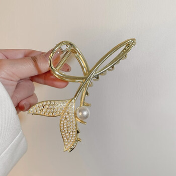 抓夹女夏季大号后脑勺高级感珍珠发夹鲨鱼夹 1#金色珍珠弧形鱼尾夹