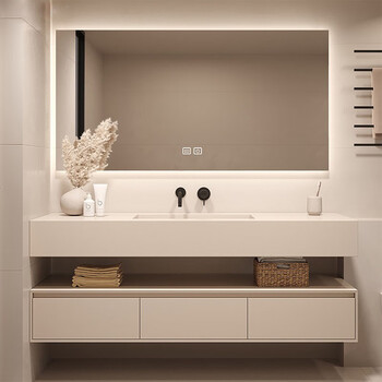 京奶油风岩板洗手洗脸一体盆浴室柜组合现代简约轻奢洗漱台卫浴定制