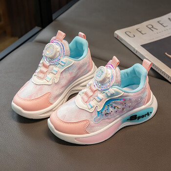 doghc女童运动鞋2023秋冬季新款韩版儿童旋转纽扣跑步鞋软底透气鞋粉