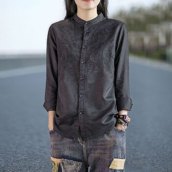 wvirtje棉麻女装亚麻高档上衣苎麻女品牌立领套头衬衫复古重工刺绣