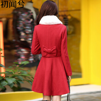 初闻兮 呢大衣 女2015冬新款两件套毛呢大衣女长款新娘结婚回门礼服装 呢子大衣外套 红色 L