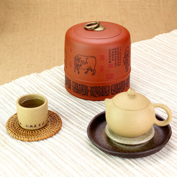 
                                        指间陶艺--宜兴紫砂茶叶罐全手工普洱罐大号醒茶罐茶盒茶具--五牛图                
