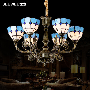 世为SEEWEE 蒂凡尼吊灯 田园地中海吊灯 创意客厅灯具欧式卧室灯餐厅灯饰 蓝色3头款