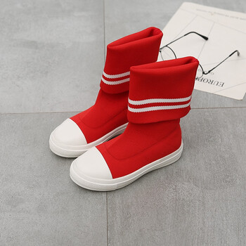 靴子女公主靴时尚弹力飞织中大童新款休闲靴防滑女童过膝长靴 红色 34