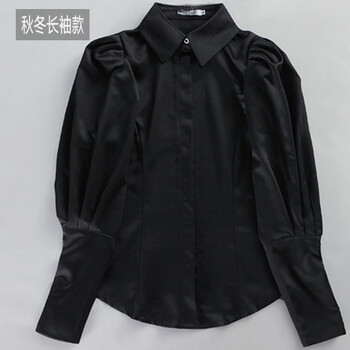 菲蒂尔韩版新款春秋冬女长袖衬衫翻领厚修身复古大泡泡袖灯笼袖黑色衬衣 黑色 L