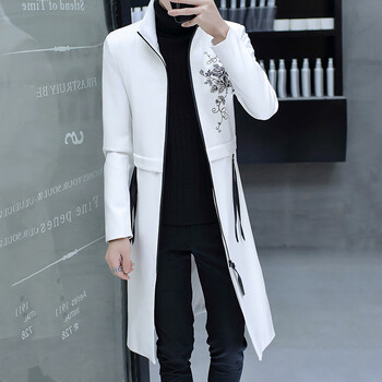 风衣男长款韩版秋冬青年修身帅气潮流男装超长过膝大衣男pu皮外套