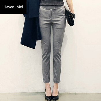 
                                        HavenMei秋装新款韩版淑女气质女款显瘦女装休闲小脚九分裤女 休闲裤女 时装裤Y890 灰色 M(1尺9-2尺)                