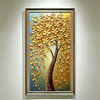 玄关装饰画纯手绘油画竖版抽象走廊过道客厅壁挂画金色立体发财树 yh